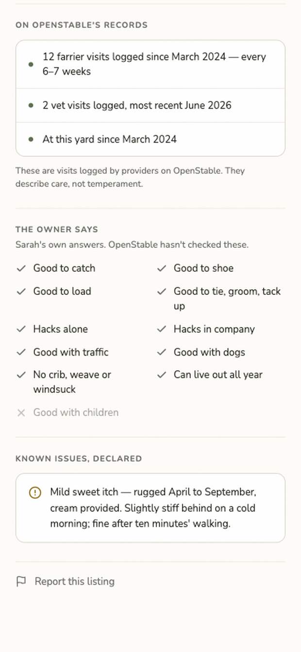 The designed horse profile: a panel headed On OpenStable's records listing twelve farrier visits since March 2024 and two vet visits, noting that these describe care and not temperament; below it the owner's own checklist, labelled as her answers which OpenStable has not checked, with one box left unticked; and a declared known issue