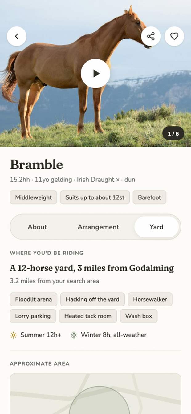 The designed yard tab: where you would be riding, a twelve-horse yard three miles from Godalming, with floodlit arena, hacking off the yard, horsewalker and turnout hours listed