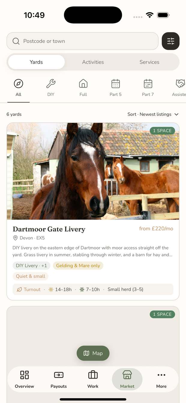 The OpenStable app showing six livery yards in a filtered, sortable list, each card carrying price, spaces and structured turnout hours