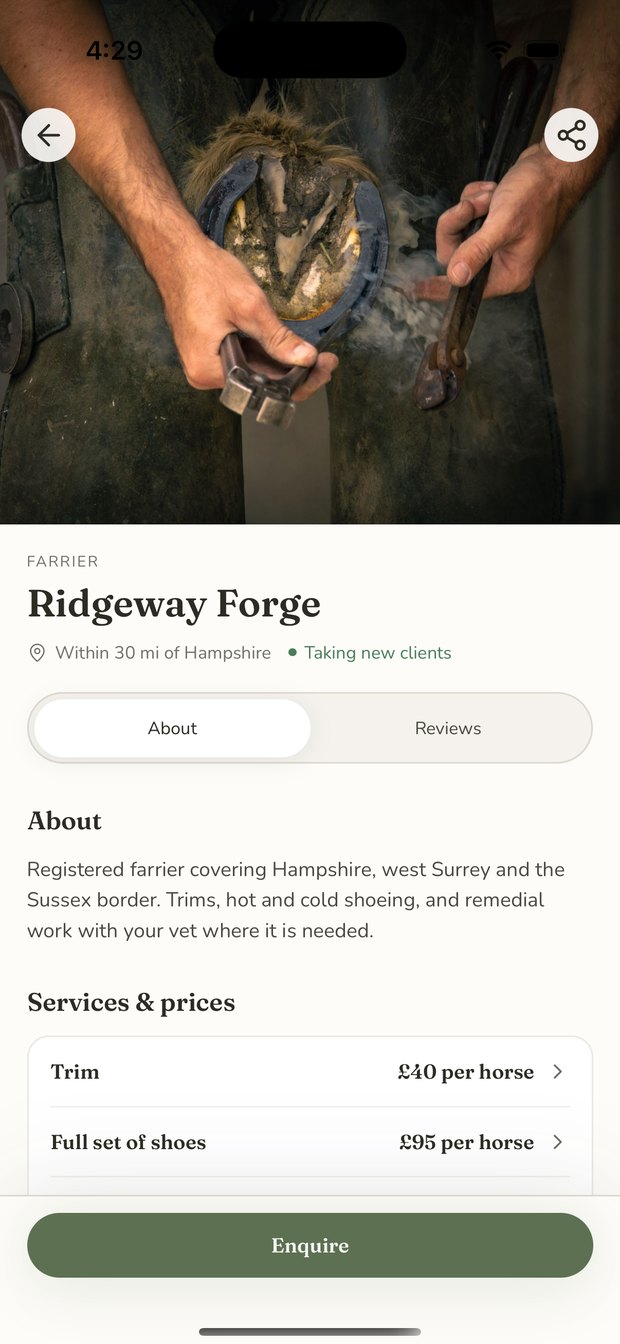 A farrier's page in the OpenStable app: Ridgeway Forge, within 30 miles of Hampshire, taking new clients, with a trim at £40 and a full set of shoes at £95