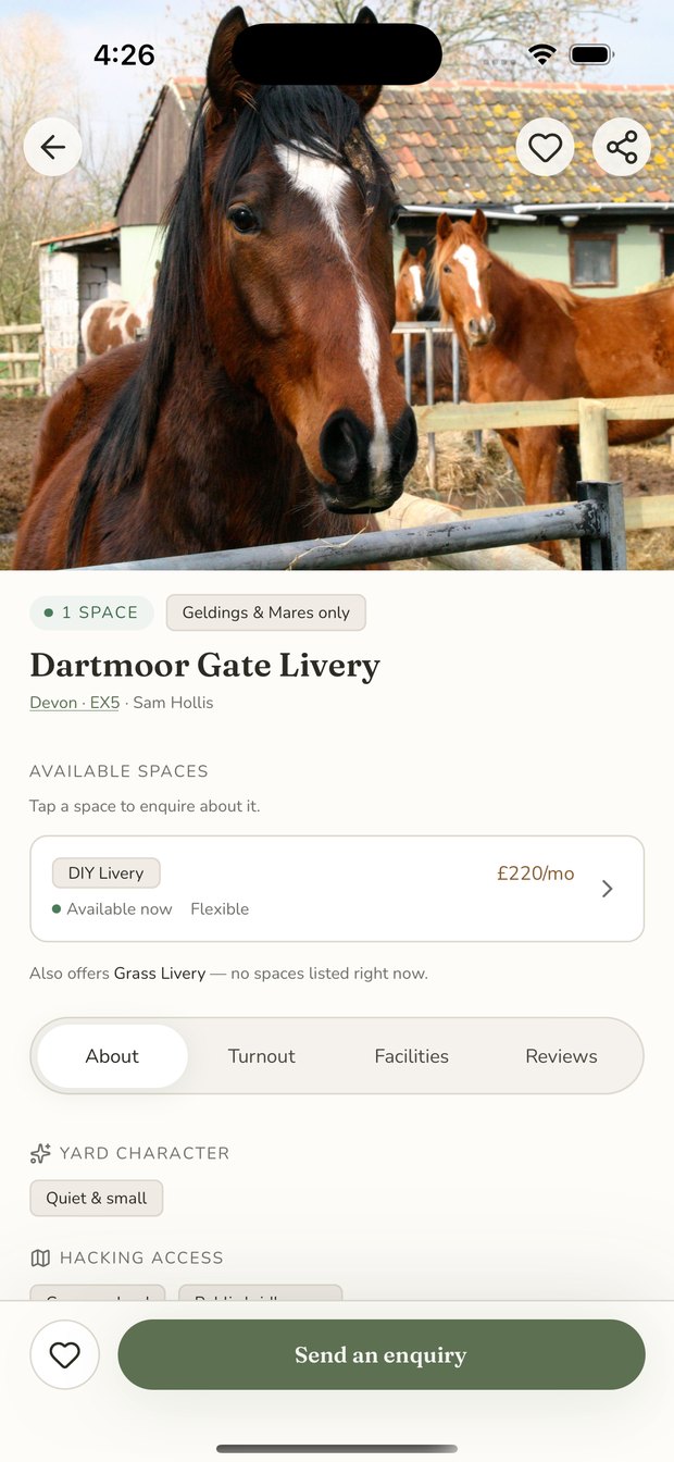 A yard's page in the OpenStable app: Dartmoor Gate Livery in Devon, one DIY livery space available now at £220 a month, and a Send an enquiry button