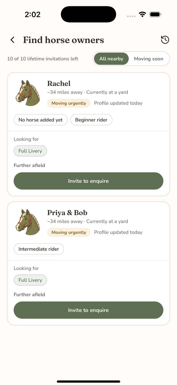 The OpenStable app's Find horse owners screen: ten lifetime invitations remaining, owners listed with distance, what livery they want and an urgent-move flag, each with an Invite to enquire button