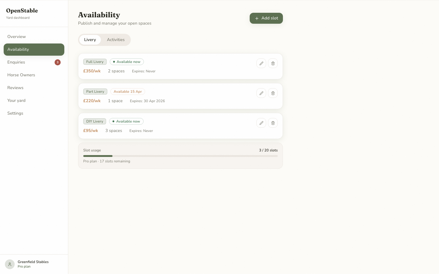 The availability manager with open livery slots by type