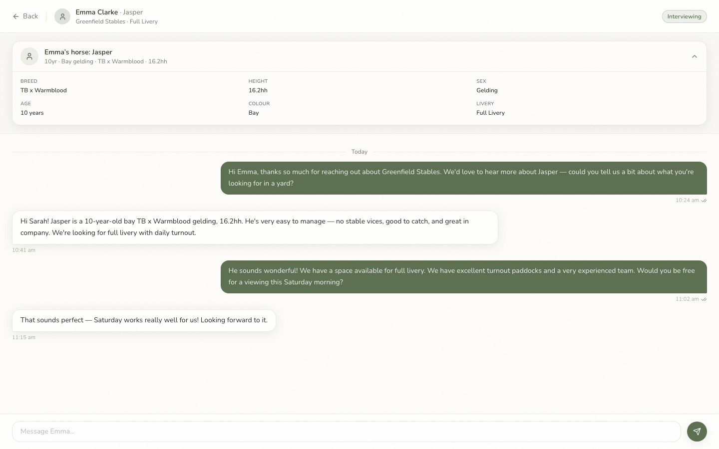 A message thread with the horse owner’s details alongside the conversation