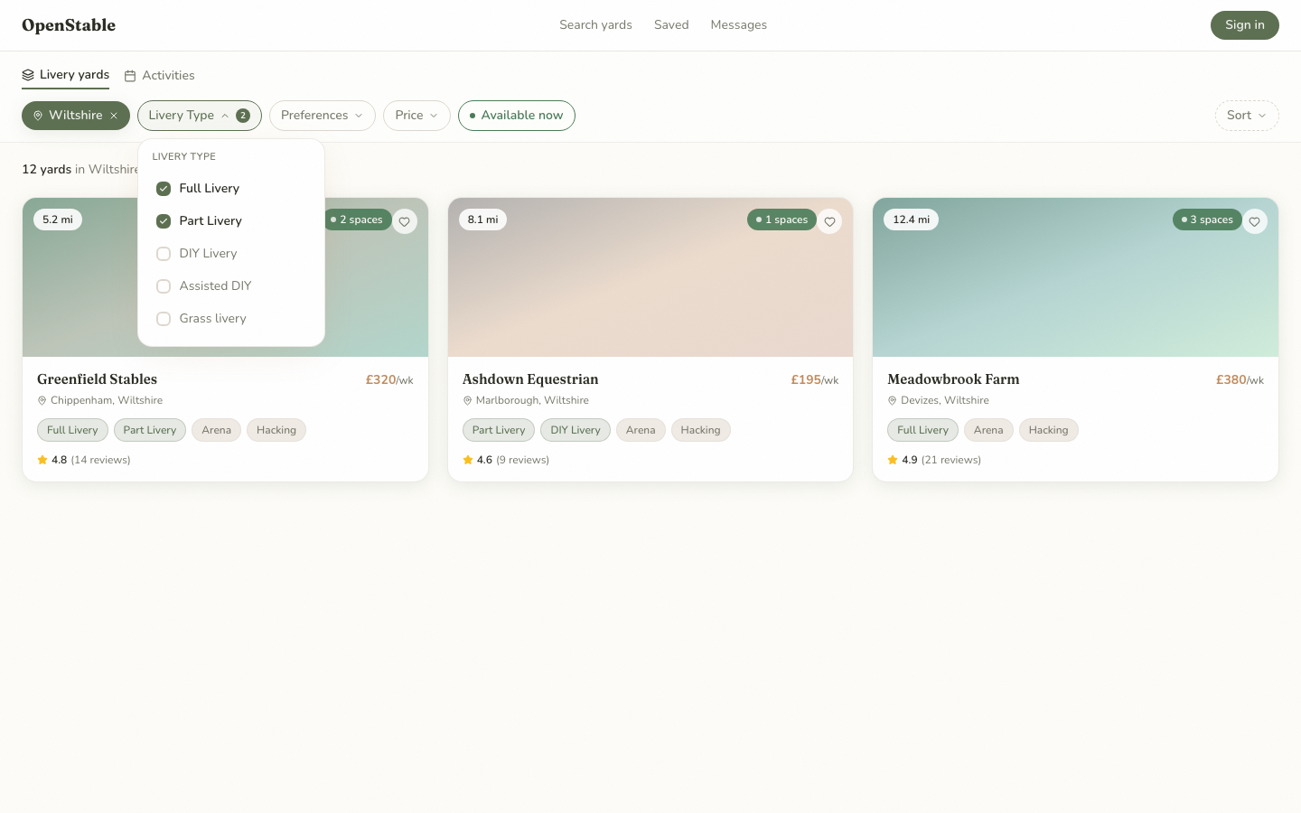 OpenStable search with facility, livery type and turnout filters open